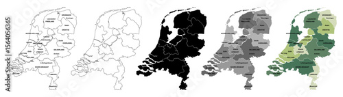 Collection of Netherlands Map Vector Set in Outline, Flat, Silhouette, Monochrome, and Color Styles with Regional Borders and Names Isolated on White Background