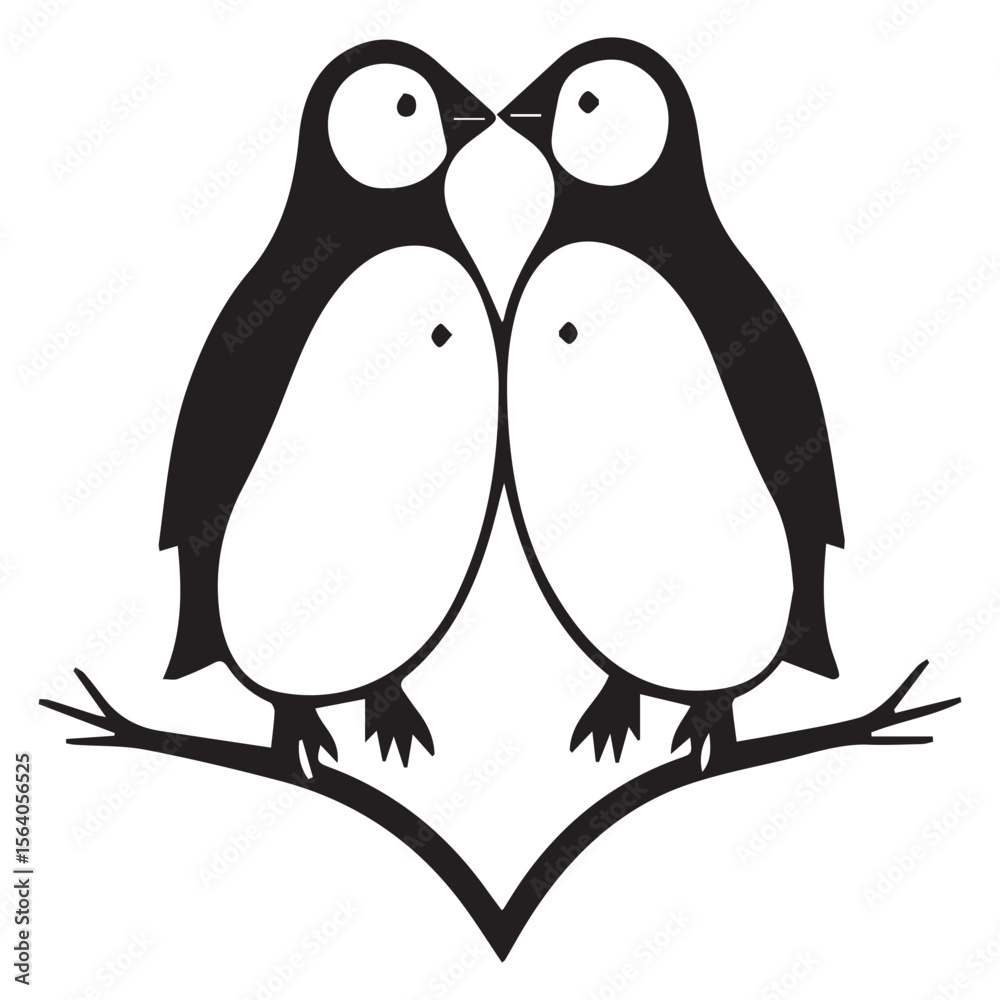 Fototapeta premium Two cute cartoon penguins sharing a moment on a branch