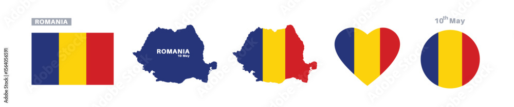 Fototapeta premium romania flag and map set. romania flag in official colors and proportions. independence day 10 may, map, circle and heart shaped romania 