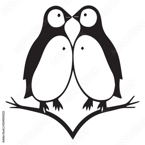 Two cute cartoon penguins sharing a moment on a branch