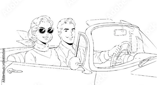 "Vintage couple driving in a classic convertible car, wind blowing, smiling faces — retro 1950s black and white vector line art, joyful emotion, clean outline, no background"" generative ai