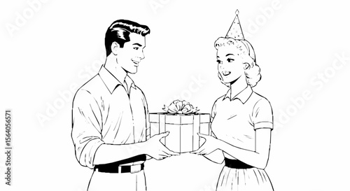 "Vintage 1950s couple exchanging birthday gifts — man giving a wrapped box to smiling woman, retro line art, black and white, comic book style, clean outlines, no background, emotional .generative ai