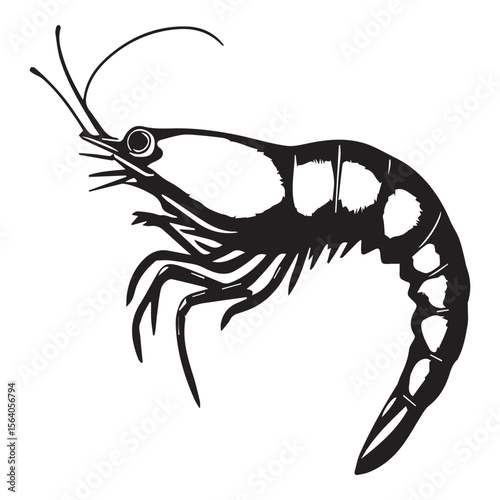 Black silhouette of a shrimp with antennae and legs on a white background