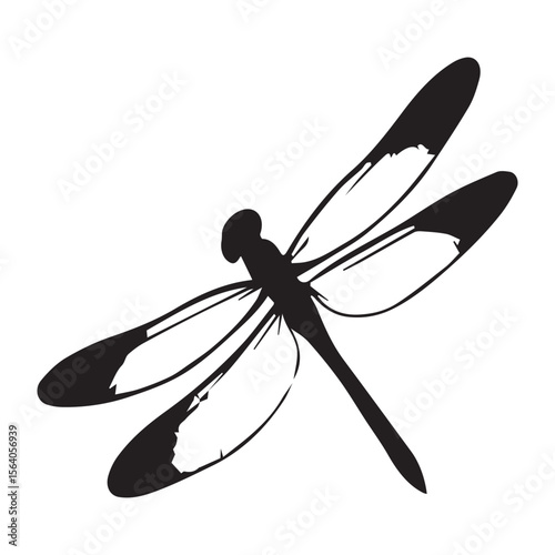 Stylized black silhouette of a dragonfly with transparent wings on a white background