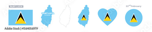 saint lucia flag and map set. saint lucia flag in official colors and proportions. independence day 22 february , map, circle and heart shaped saint lucia
