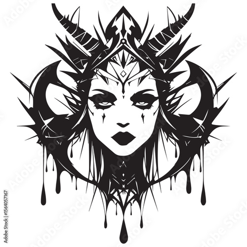 Intense gothic queen with sharp horns and dripping black crown on white background