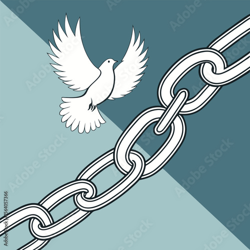 White Dove Soaring Above Stylized Broken Chain Teal Background bird