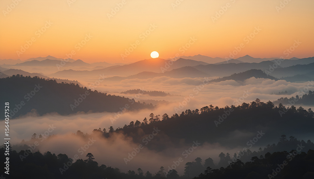 Obraz premium The dawn unveils a serene mountain landscape, with misty valleys and a glowing sunrise painting the sky in shades of orange and gold.