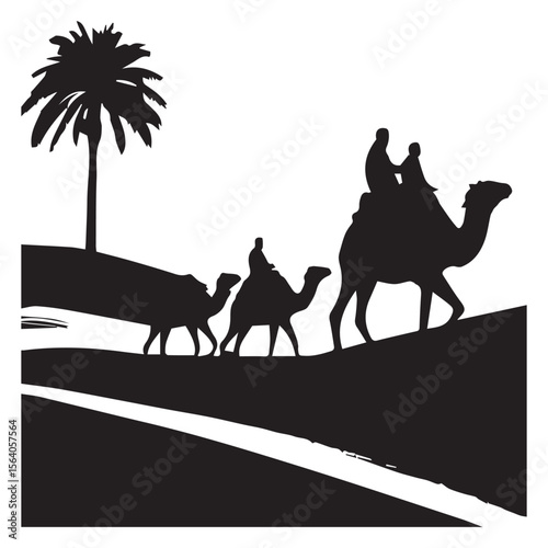 Silhouette of people riding camels across desert dunes with a palm tree