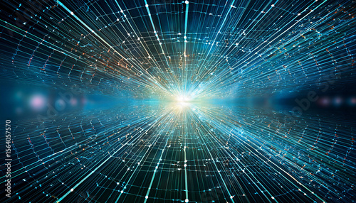 abstract digital network radiating outwards particles and lines converge on a central point