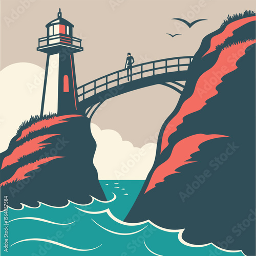 Abstract Coastal Scene Lighthouse Bridge Figure Teal Red Cliffs Ocean Waves vector