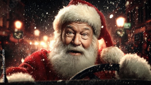 Santa Claus with a surprised expression driving a vehicle during snowfall, festive holiday scene with Christmas lights in the background