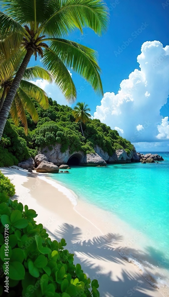 Naklejka premium Tropical Paradise Crystal-Clear Turquoise Water Laps Pristine White Sands Under a Brilliant Blue Sky - Perfect for Travel, Vacation, or Escape Themes
