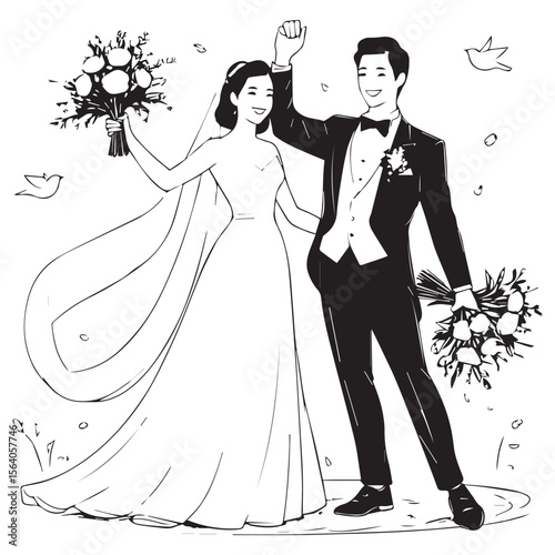 Joyful bride and groom celebrating their wedding day with bouquets and flying doves