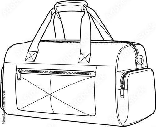 CAD drawing flat vector illustration of a modern travel duffle bag, outline technical sketch, isolated fashion accessory design