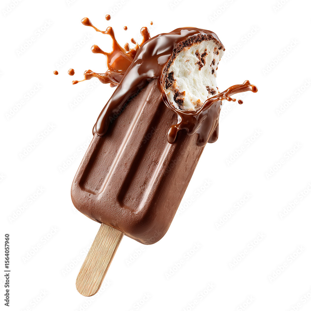 Obraz premium Chocolate coated Ice cream bar with a bite taken out isolated on transparent white background, clipping path