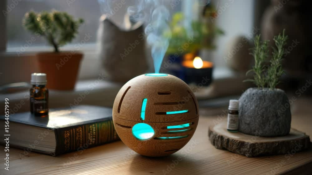 Wooden aroma diffuser with blue light emitting steam placed on wooden surface next to plants, books, candle and bottles of essential oils