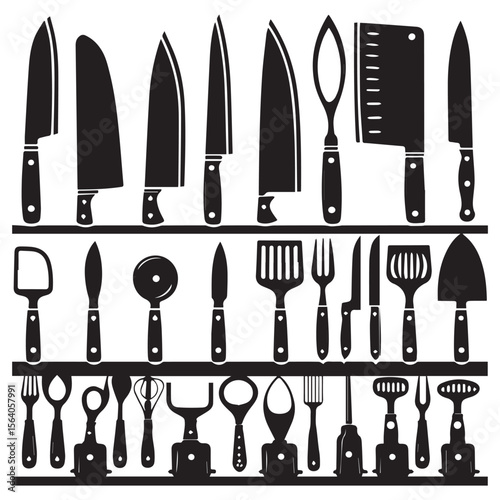 Collection of silhouetted kitchen utensils and knives arranged on shelves