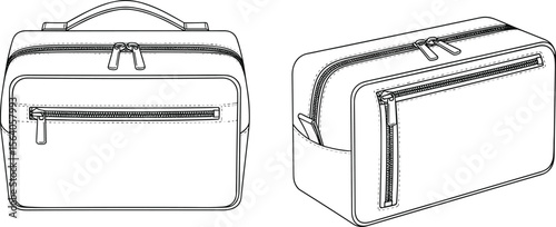 CAD drawing flat vector illustration of men's toiletry dopp kit bag, technical sketch with zipper compartments, travel pouch accessory design