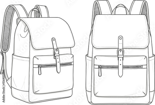 CAD drawing flat vector illustration of modern backpack with buckle flap, zipper pocket, travel accessory design, outlined technical sketch style