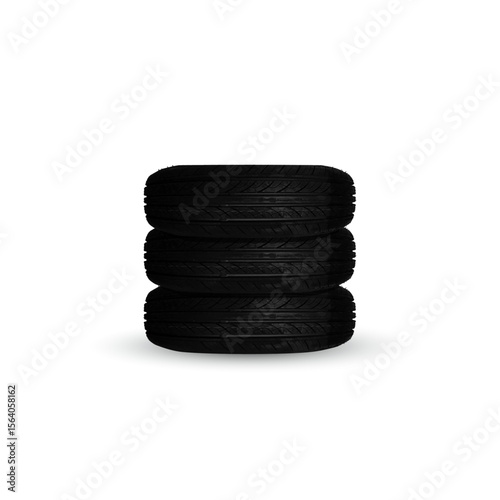 A stack of five new car tires with visible treads, set against a plain, light background. Relevant for automotive parts, tire maintenance, and vehicle safety