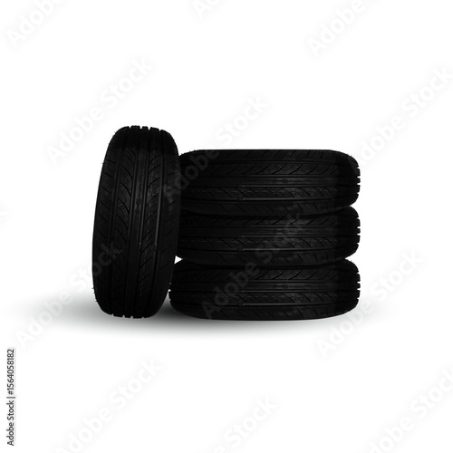 A stack of five new car tires with visible treads, set against a plain, light background. Relevant for automotive parts, tire maintenance, and vehicle safety