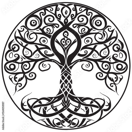 Intricate black celtic knotwork tree of life design within a circle on a white background