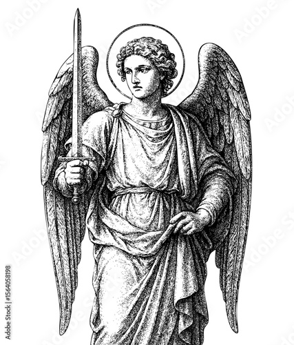 Archangel with Sword – Vintage Engraving Illustration Vector and PNG Isolated on Transparent Background