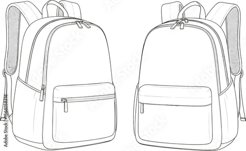 CAD drawing flat vector illustration of modern minimalist backpack front and back views, clean zipper pocket design, travel school accessory