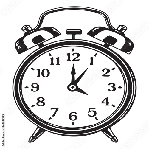 Classic twin bell alarm clock with hands pointing to twelve oclock