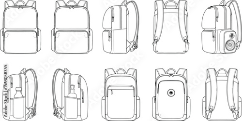 CAD drawing flat vector illustration of multipurpose backpack design in ten views, with bottle, speaker pocket, front, back, side perspective
