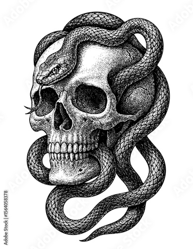 Snake Wrapped Skull Vintage Engraving Illustration – Vector and PNG Isolated on Transparent Background