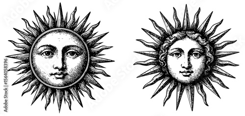 Vintage Sun Faces Illustration - Celestial Engraving Style Vector and PNG Isolated on Transparent Background