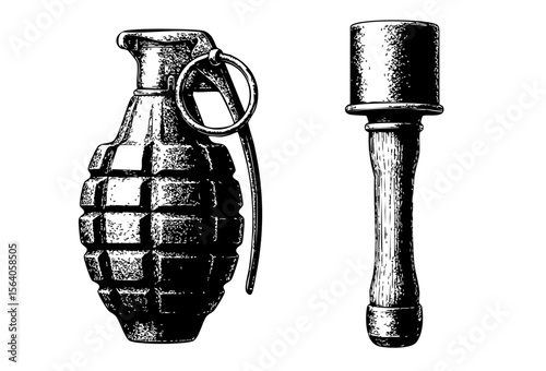 Grenade and Military Stick Grenade Illustration - Vintage Engraving Style Vector and PNG Isolated on Transparent Background