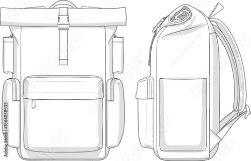 CAD drawing flat vector illustration of roll top travel backpack, detailed front and side technical sketch with pockets, straps, buckle