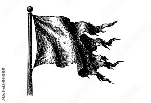 Torn Battle Flag Illustration - Vintage Engraving Style Vector and PNG Isolated on Transparent Background