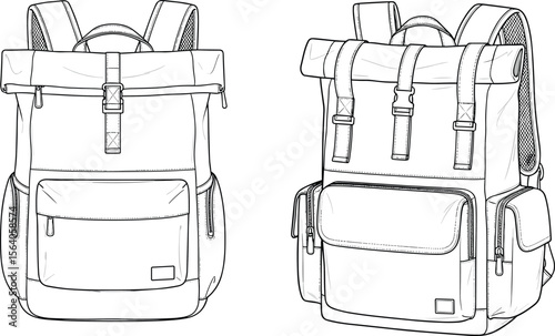 CAD drawing flat vector illustration of roll top backpacks, detailed front and side view technical sketch, modern travel gear design