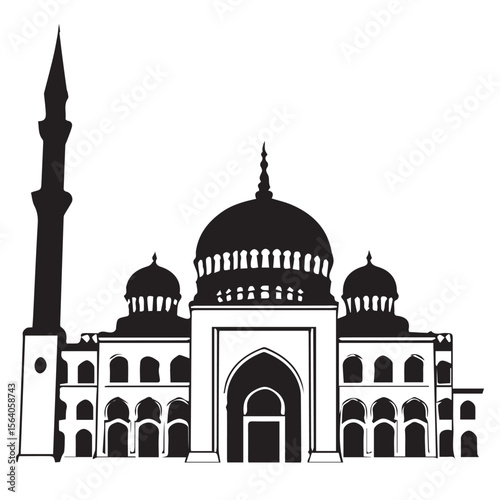 Black silhouette of a grand mosque with multiple domes and a tall minaret