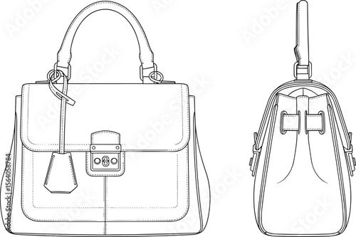 CAD drawing flat vector illustration of structured women’s handbag with top handle, front flap lock, elegant purse fashion design