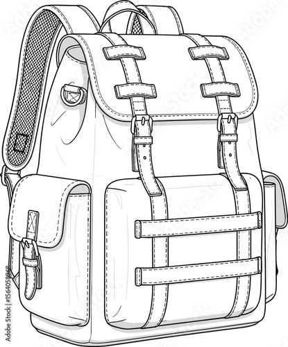 CAD drawing flat vector illustration of stylish tactical backpack with multiple buckles, flap top, side pockets, technical modern design