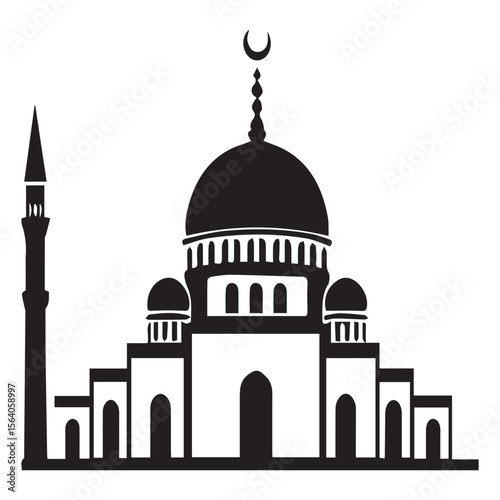 Stylized black silhouette of a mosque with a dome and minaret on a white background