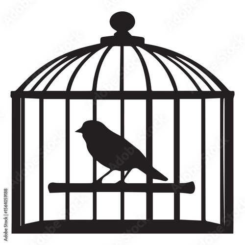 Silhouette of a small bird perched on a perch inside a black ornate birdcage