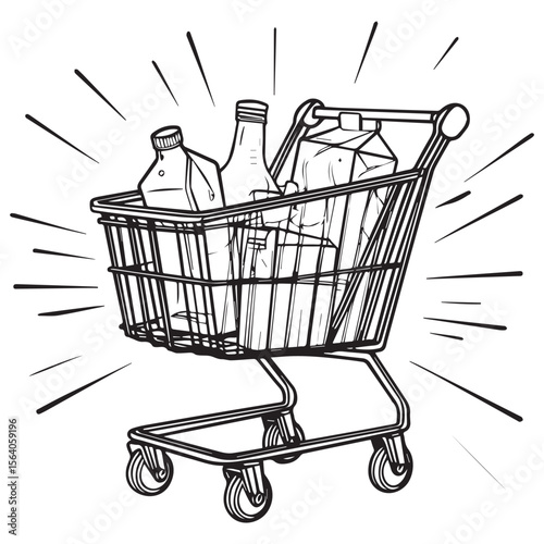 Black and white illustration of a full grocery shopping cart with bottles and cartons radiating energy lines