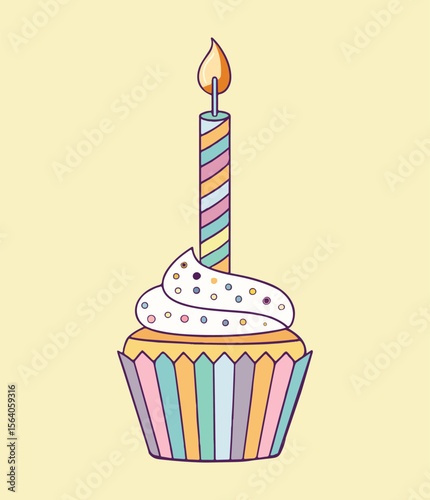 Soft-colored birthday vector design featuring cupcake and candle.