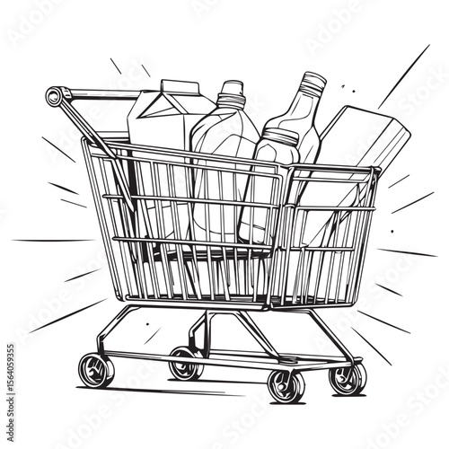 Black and white illustration of a shopping cart filled with groceries and bottles conveying motion and speed