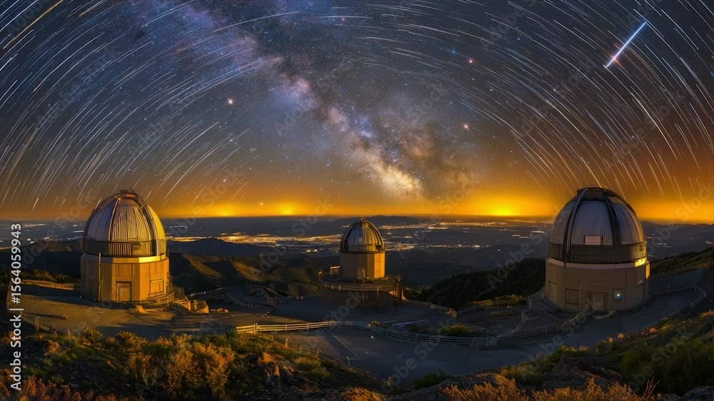 Majestic night sky panorama over three observatories, showcasing star trails and the Milky Way galaxy above a city skyline at sunset