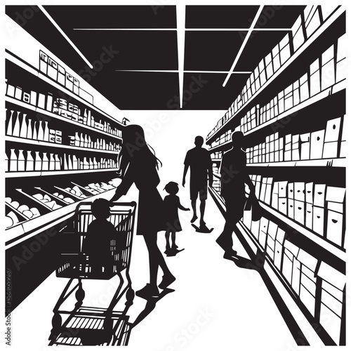 Family silhouette shopping in a grocery store aisle with shelves full of products and a child in a cart