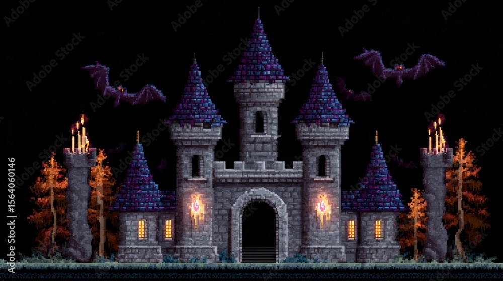 Fototapeta premium Haunted medieval castle with bats and torches in night sky