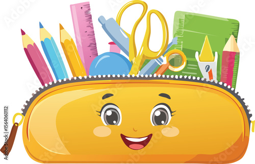Playful Pencil Case Unzipped with Smiling Stationery Friends Inside