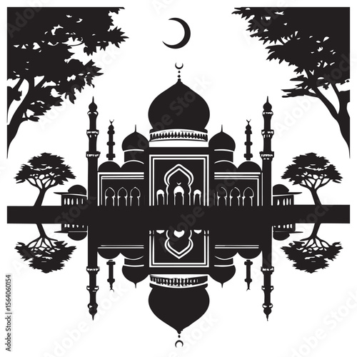Striking black silhouette of a majestic mosque with crescent moon and reflecting pool amidst trees